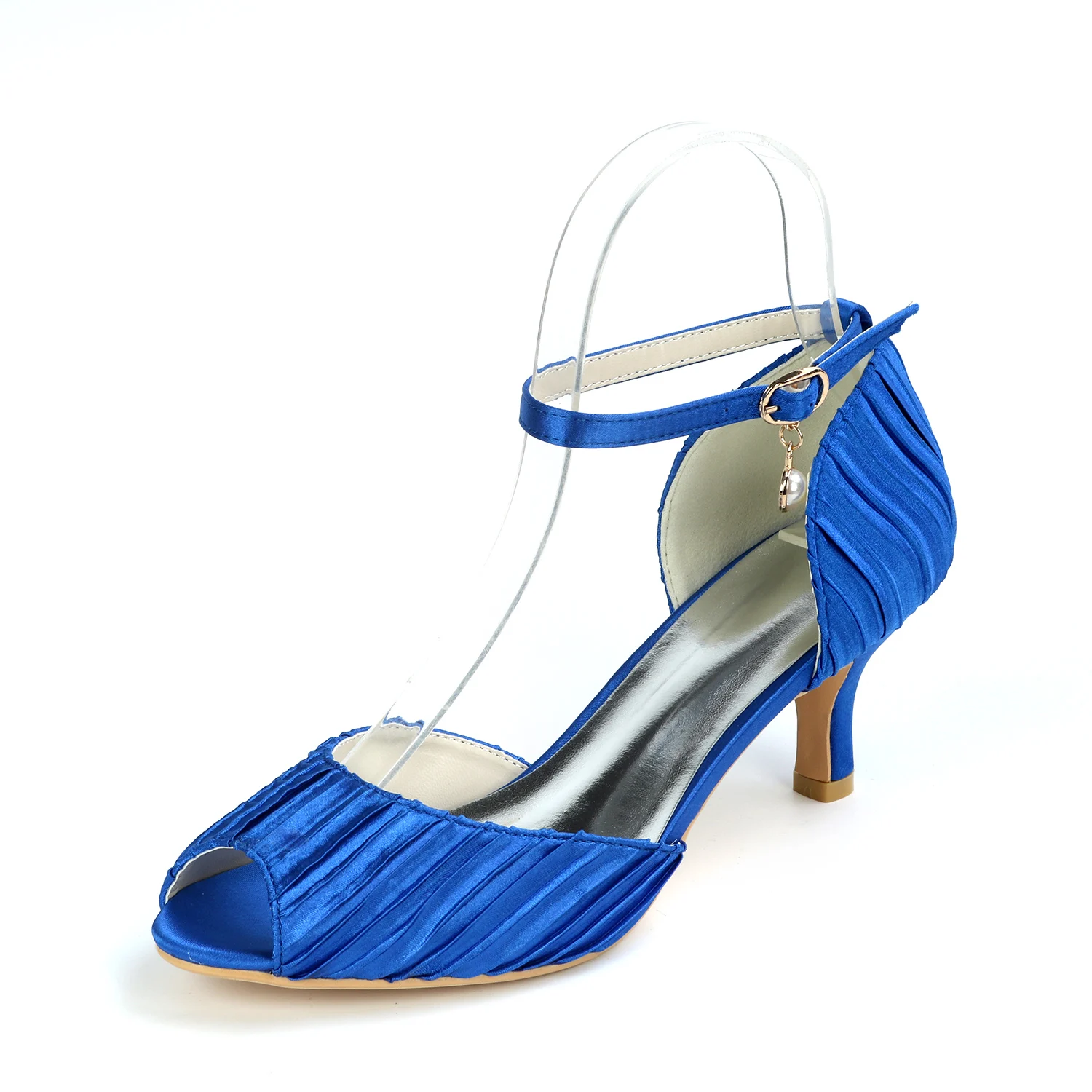 

D'orsay open toe lady pleated satin evening dress shoes ankle strap bridal wedding prom cocktail soft gentle pumps med heels