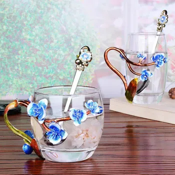 

Beautiful enamel Colored crystal Coffee cup Flower Teacups Heat-resistant Glass Mug home drinkware couple gift cups