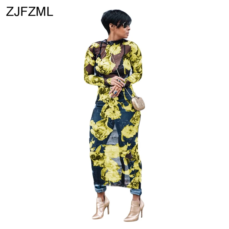ZJFZML размера плюс цветочное Сетчатое Женское Платье макси с длинным рукавом vestidos прозрачное Клубное сексуальное платье Летнее праздничное длинное пляжное платье