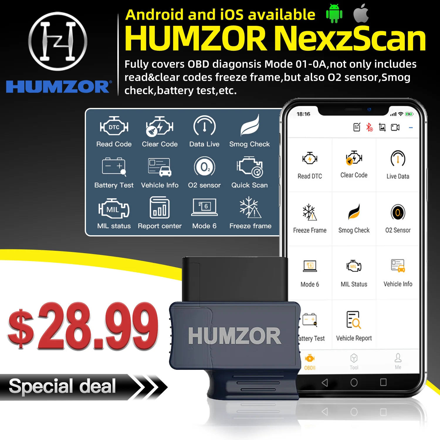 HUMZOR NexzScan OBDII Автомобильный диагностический инструмент Bluetooth 4 2 автомобильный OBD2
