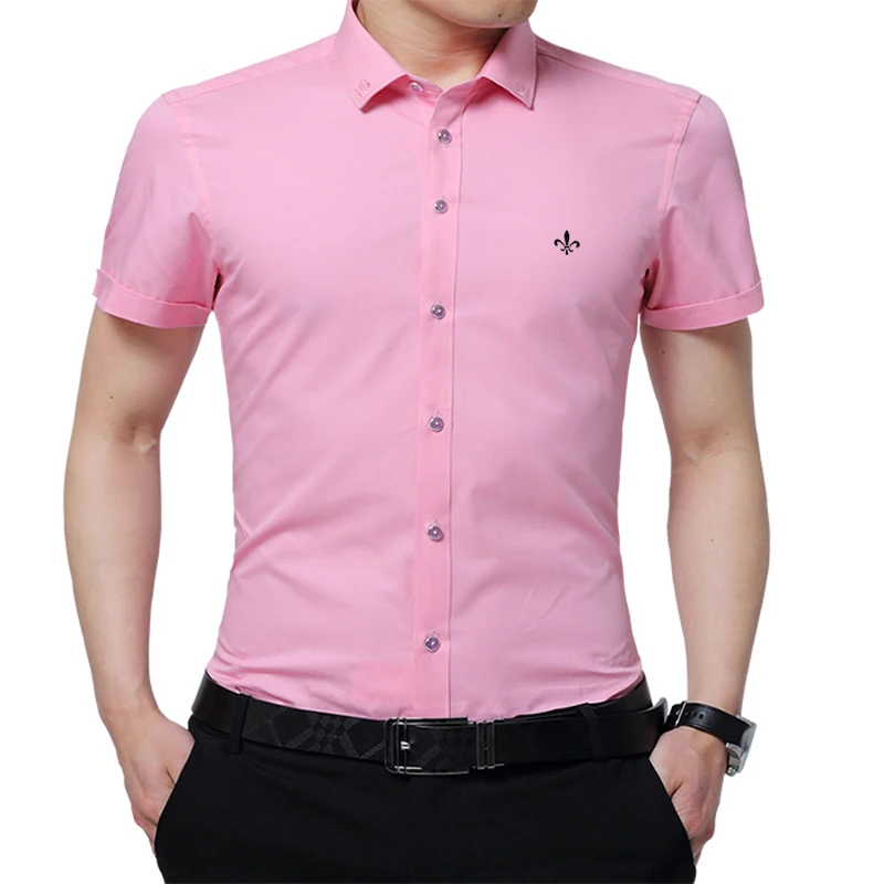 Вышивка мода Blusa Camisa Social Masculina Dudalina короткий рукав Slim Fit рубашка мужская одежда с цветочным принтом белый мужской - Цвет: DCZ2708-PINK