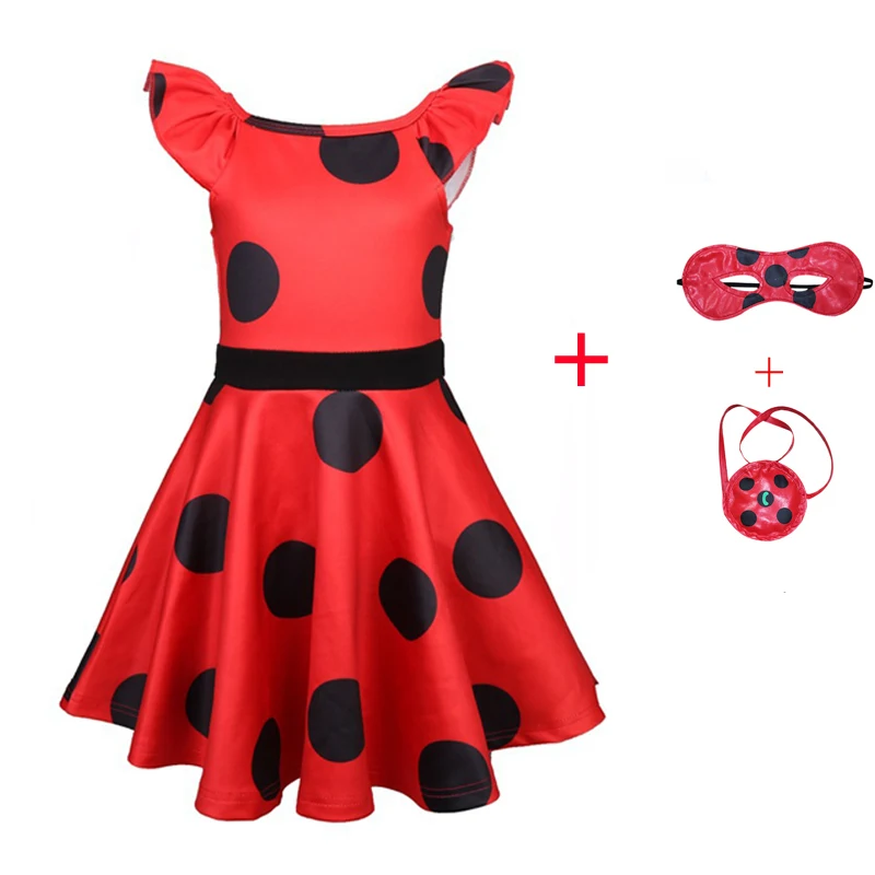 Dress-2PCS Новые Детские леди «божья коровка» красного цвета в горошек для дня рождения вечерние платье маски костюм детская одежда для девочек с рисунком божьей коровки Платье для костюмированной вечеринки на Хэллоуин От 3 до 10 лет - Цвет: Dress-2PCS