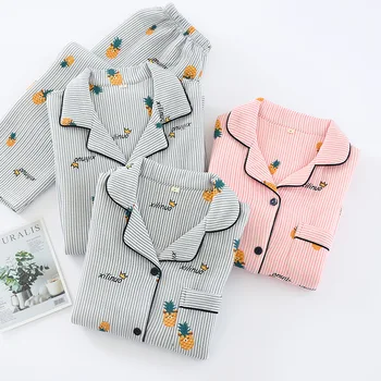 

New Cute Pineapple Print Striped Women's Pajamas Cotton Sleepwear Set Men Thick Warm Winter Homewear Female Plus Size Home Suit