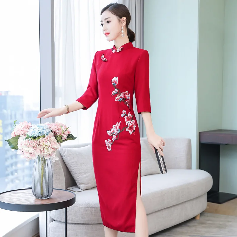 Autumn Cheongsam Long New Style Vintage Improved Ethnic-Style Slim Fit Slimming Women's Embroidered Cheongsam Dress