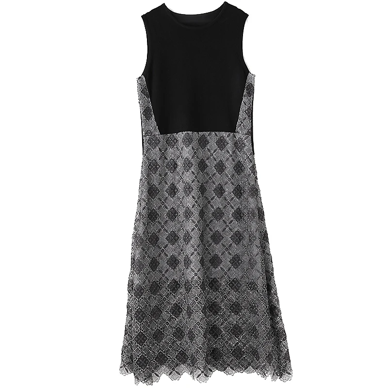Autumn And Winter Retro Dress Streetwear Style Palace Embroidery splice knitting Sleeveless Slim Elegant A-line Vest Dress M-XL
