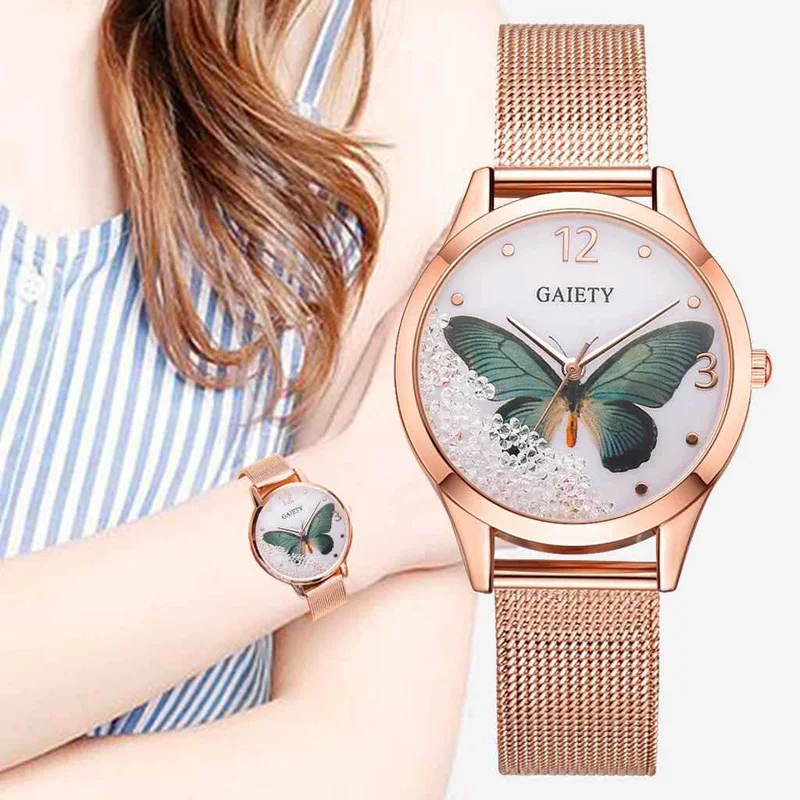 

Women Watches Alloy Mesh Watch Butterfly Pattern Round Dial Quartz Watch hh88