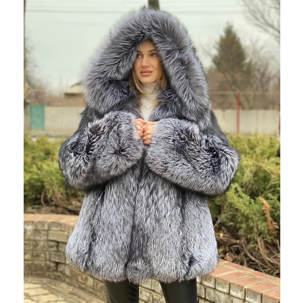 Mid-length Real Silver Fox Fur Jacket with Hood Women Winter Fashion Natural Silver Fox Fur Coat Female Thick Warm Fur Overcoats