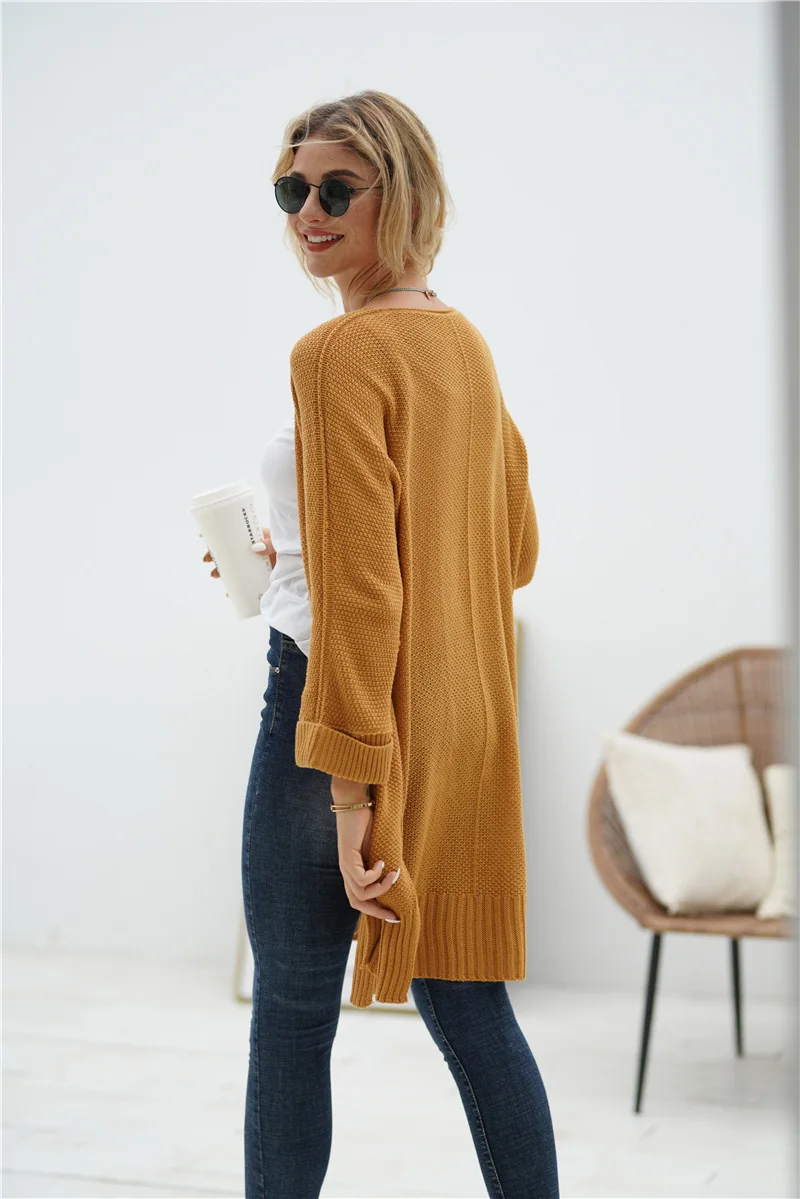 Fitshinling Boho длинный кардиган, зимнее пальто, Женский однотонный тонкий вязаный жакет с разрезом по бокам, женский корейский Кардиган, Свитер
