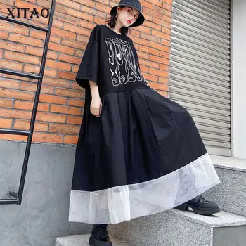 

XITAO Pleated Print Letter Dress Mesh Women Pullover Pleated Plus Size Goddess Fan Casual Minority Style Pocket Dress DMY3463