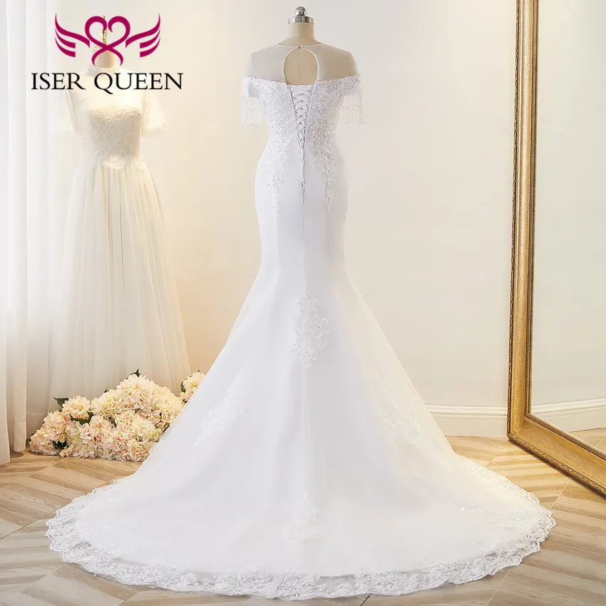 Beaded Lace Mermaid Wedding Dresses Sheer Neck Pearls Tassel Sleeves America And Europe Bridal Dress WX0220