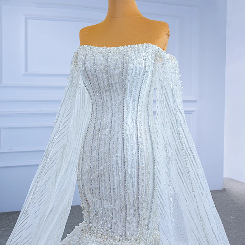 RSM67278 White Luxury Tube Top Beaded Wedding Dress New Bay Sleeve Fishtail Banquet Suknia Slubna ​striped Pattern Frill Gown 5