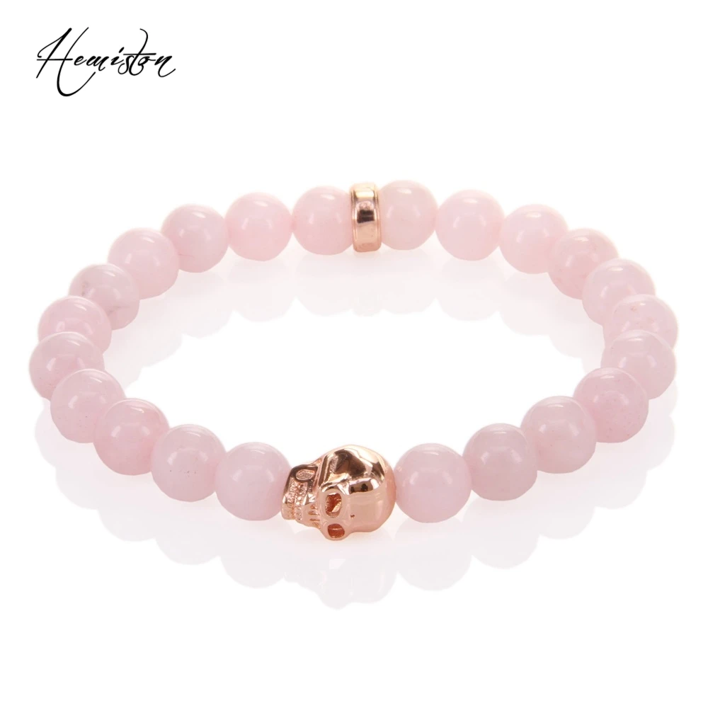 8Mm Ts Pink Stone Bead E Rose Gold Skull Bead Elastic Bracelet, Glam Jewelry Soul Gift For Women Wholesale Ts 292
