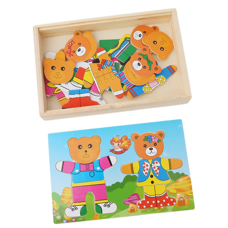 two bears Детские деревянные игрушки, Набор пазлов, развивающие игрушки для малышей, медвежонок, сменная одежда, пазлы, горячая распродажа - Цвет: two bears