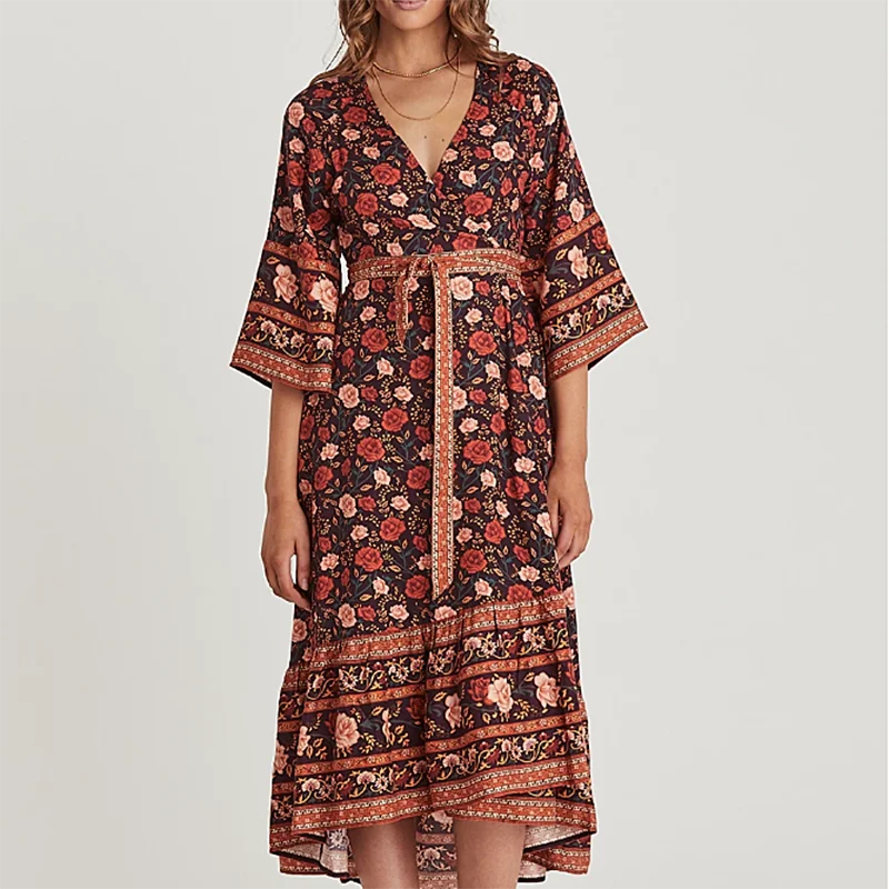 Boho шикарное летнее винтажное платье макси с v-образным вырезом и цветочным принтом для женщин модное платье с бантом и поясом кимоно с рукавами пляжные платья vestidos
