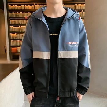 

Trendy Men's Hooded Jackets Hit Color Patchwork Male Coats M-3XL Blue Khaki Green Men's Jackets Coats