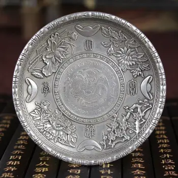 

China Folk Tibet Silver White Copper Carving Zodiac Dragon Animal Statue Wash Dishes Plates