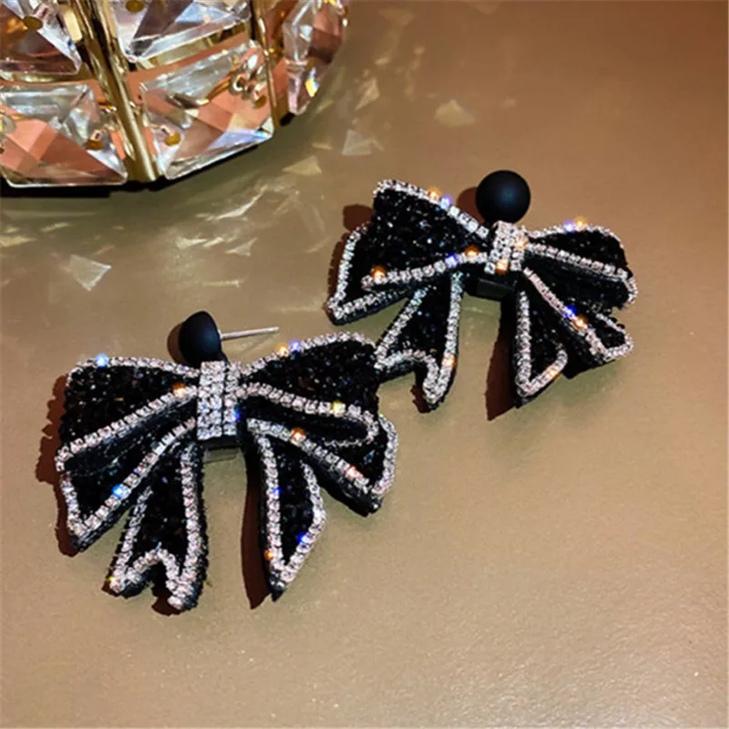 FYUAN Korean Style Black Bowknot Dangle Earrings for Women Rhinestone Earrings Weddings Party Jewelry Accessories