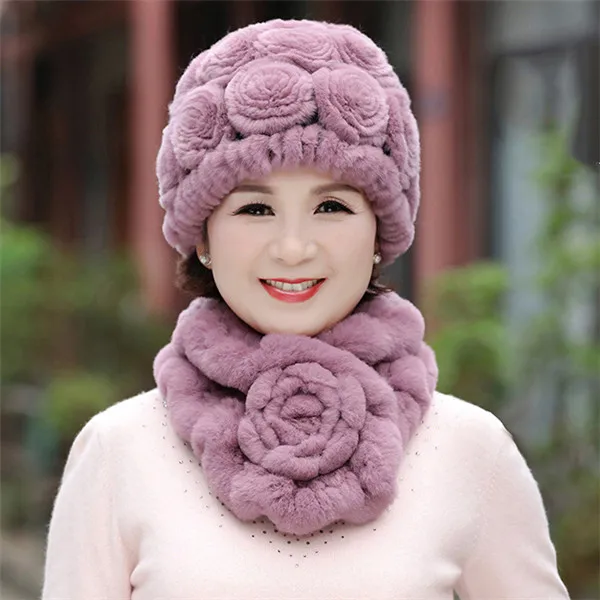 Модный настоящий мех кролика, шапка, зимняя женская шапка, шарф, набор и шапка для женщин и девушек, теплые шапки для девочек, шарф-кольцо - Цвет: powder