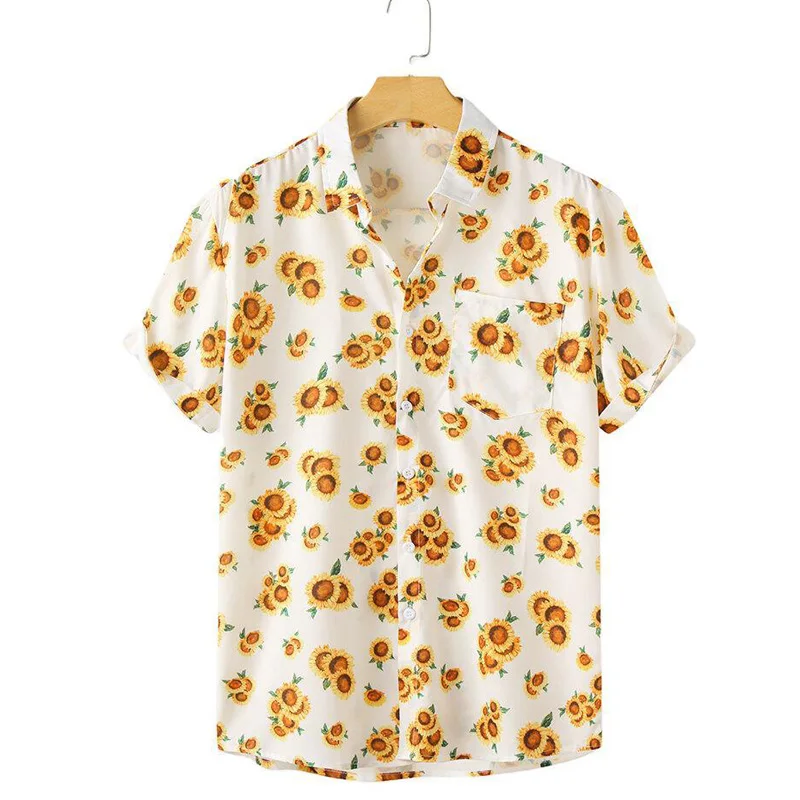 Camisa de manga corta con cuello de solapa para hombre, ropa de calle Masculina informal con estampado de girasol 3D y personalidad, para playa, 2020