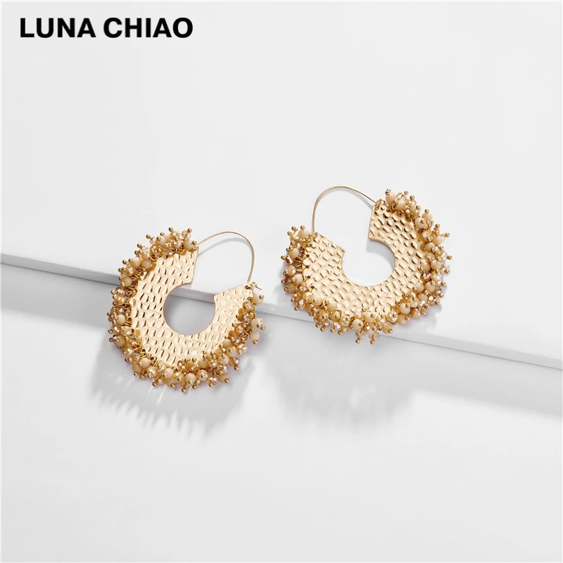 LUNA CHIAO, модные ювелирные изделия, серьги из бисера, стеклянные хрустальные металлические серьги-обруч для женщин