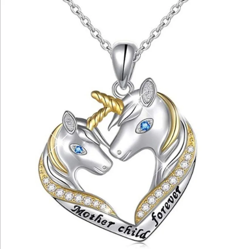 New Arrival Mother Child Forever Letter Unicorn Heart Pendant Necklace for Women Teen Girls Gift Austrian Crystal Jewelry | Украшения и