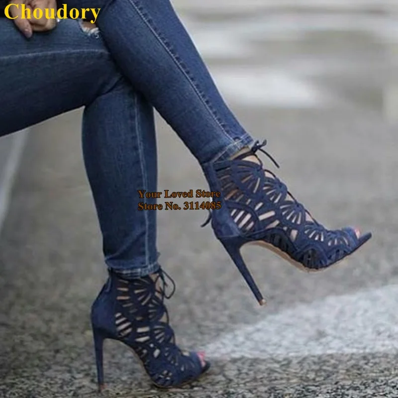 黑色绒面镂空系带短凉靴 (5)