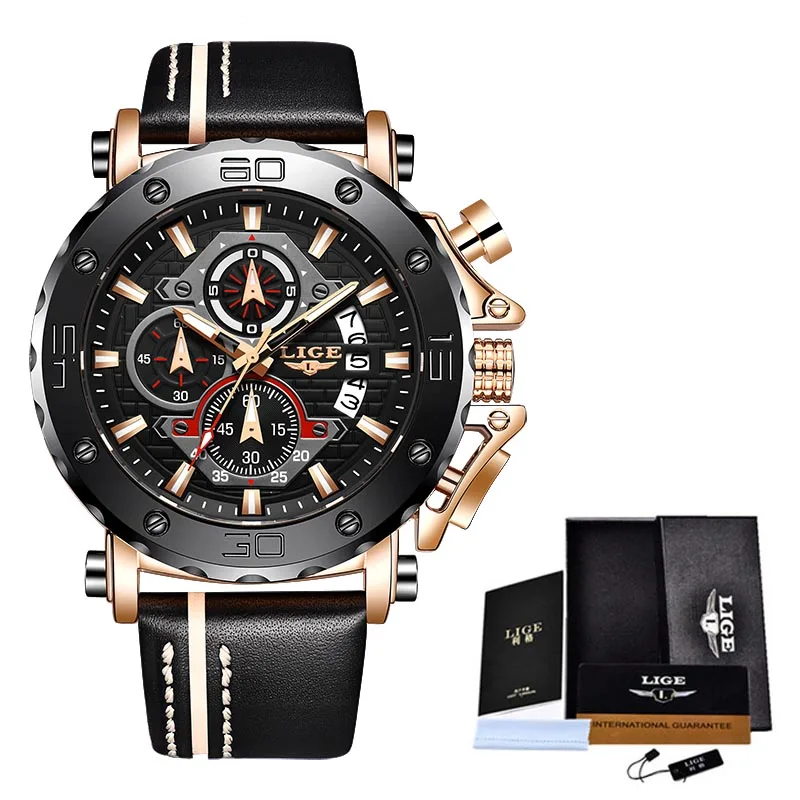 Rose gold black 2020LIGE новые модные мужские часы Топ бренд класса люкс Большой циферблат военные кварцевые часы кожа водонепроницаемые спортивные часы с хронографом для мужчин - Цвет: Rose gold black