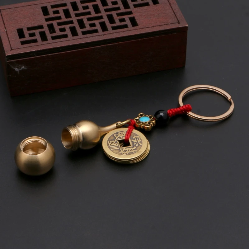 Feng Shui Brass Gourd & Good Luck Copper Coin Key Chain Decor Fortune Pendant 