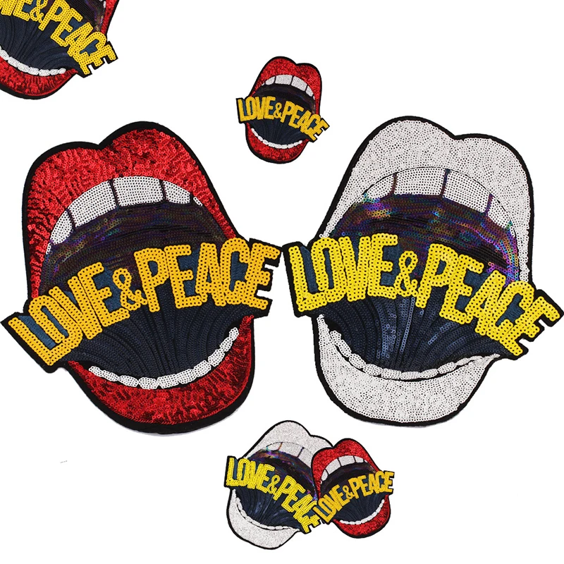 "LOVE& PEACE" большие красные губы хип-хоп рэпер железная одежда для аппликации вышитые блестки нашивки для одежды DIY мотив аппликация