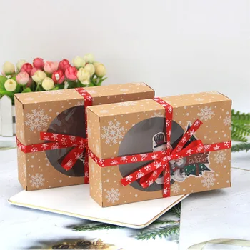 

6pcs Kraft Paper Pie Box With Ribbon Candy Gift Bags Cookie Bags Packaging Boxes With Window Christmas Pendant Party Decor