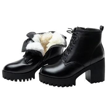 

2020 winter women's new large size leather short boots high heel thick straps snow boots sheepskin all-in-one cotton boots