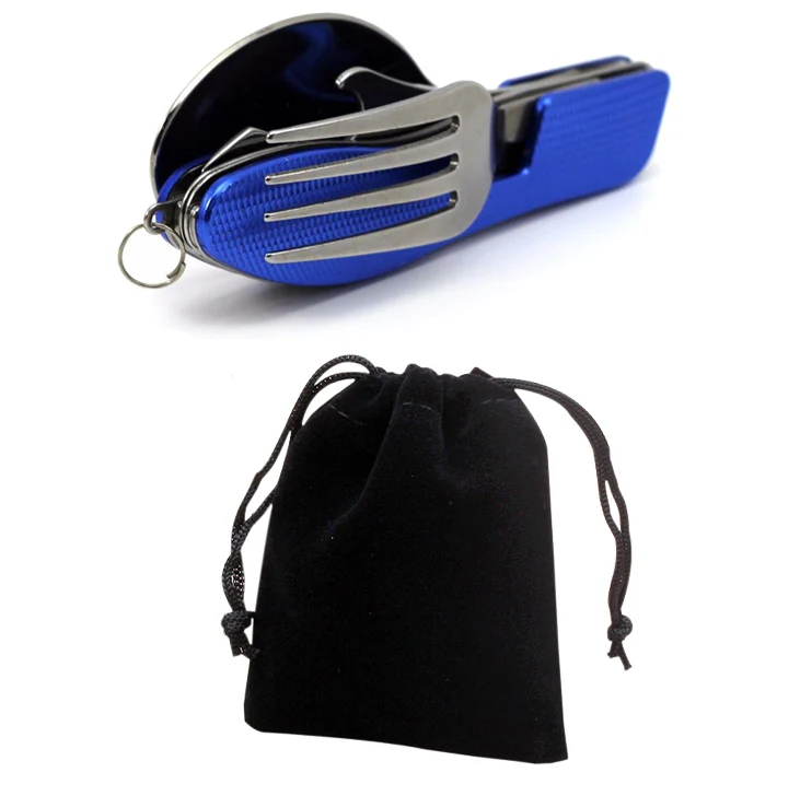 Blue Guahua Bag 4 в 1 уличная посуда вилка ложка нож открывалка для бутылок походный, нержавеющая сталь Складные карманные наборы путешествие на выживание путешествия GYH - Цвет: Blue Guahua Bag