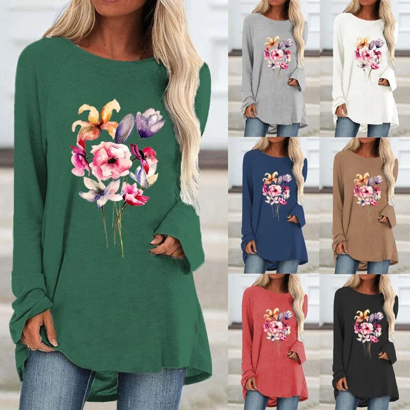 

Autumn and Winter Solid Color Fashion Women Printing Graphic Tee Long Sleeve Elegent Round Neck Pullover Loose Casual Shirt
