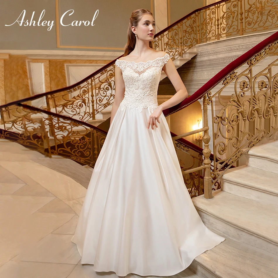 Ashley Carol элегантное вырез лодочка, аппликация, мягкое атласное свадебное платье 2019 с открытыми плечами платье невесты французское винтажное