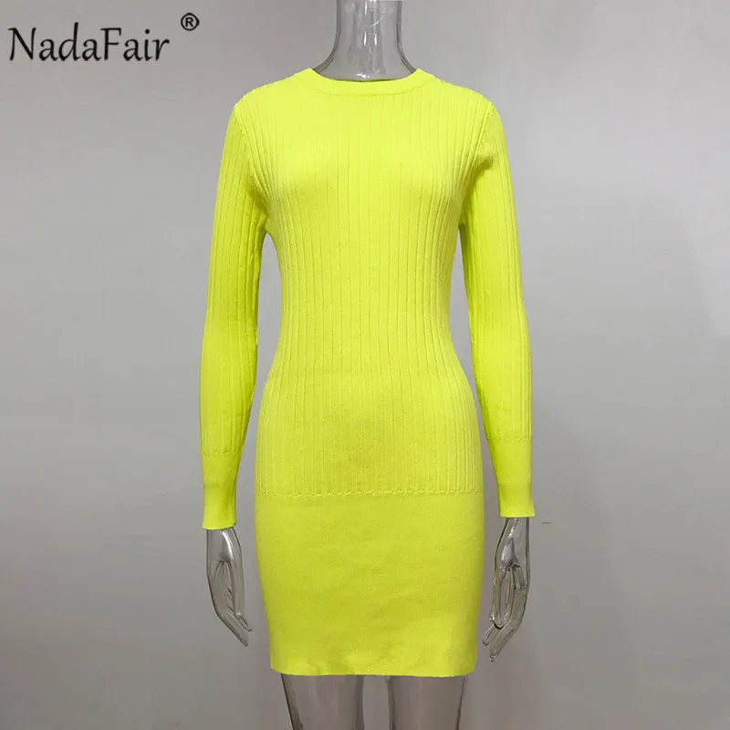 Nadafair повседневное Облегающее вязаное зимнее платье женское с длинным рукавом осеннее О-образный вырез мини сексуальное неоновое платье-свитер