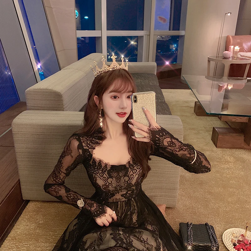Fairy Nightclub Dress Women's New Autumn Square Neck Retro Long Sleeve Slim Black Lace Dress Lady Maxi Long Dresses