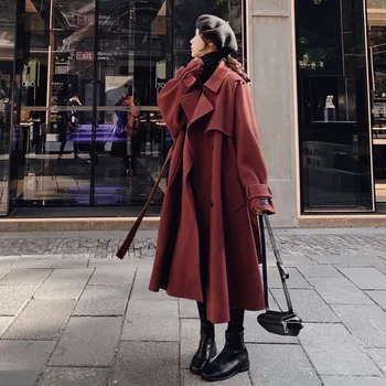 

Khaki Long Coats For Women Winter Solid Cashmere Coat Warm Woollen Cloak Overcoat Korean Outerwear Sashes Surcoat 2020