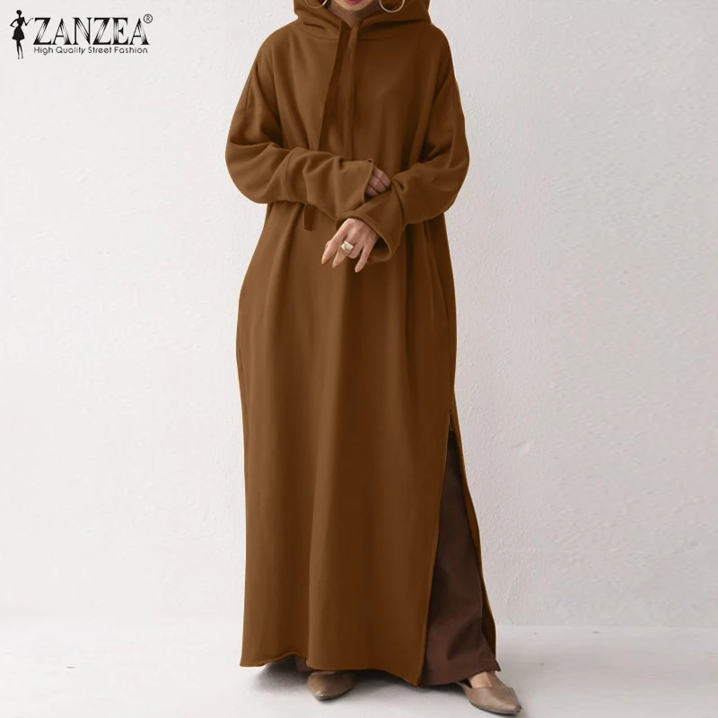 

ZANZEA Elegant Hooded Hoodies Dress Women's Autumn Sweatshirts Casual Long Sleeve Maxi Vestidos Female Side Split Robe Oversized