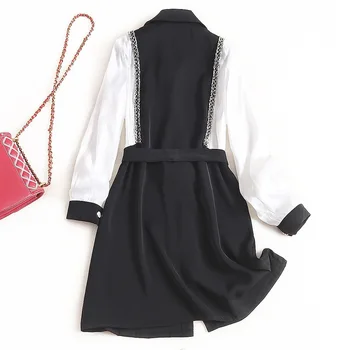 

black white color block dress new 2020 spring summer patchwork chains trime long sleeve sashes button front Women shirt dress