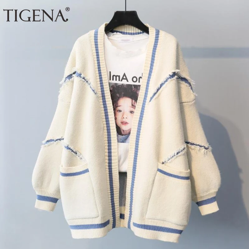 TIGENA Casual Loose Cardigan Women with Pocket 2019 Fall Winter Korean Long Sleeve Sweater Female Knitted Jacket |