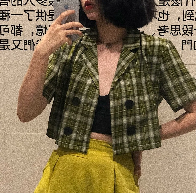 

Casual Versatile Online Celebrity Short Small Suit Coat Women's Summer Thin Section CHIC Retro Hong Kong Style Plaid Short Sleev