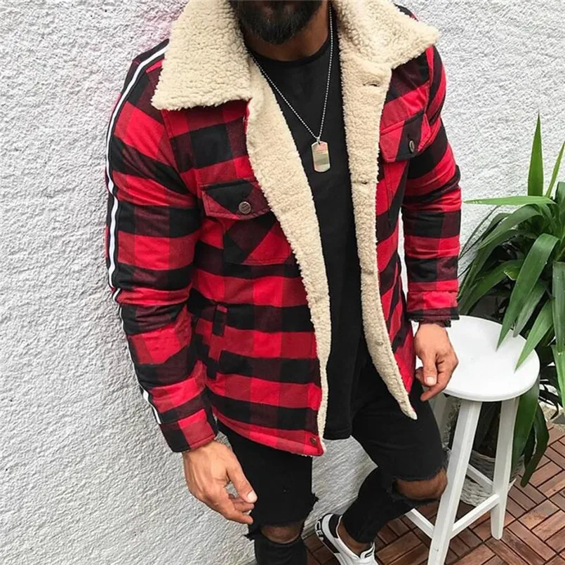 Men's Hot Winter Jacket Plaid Compound Cardigan Casual Thick Warm Blouse Plush Tops Coat Outwear Mens #4n25 | Мужская одежда
