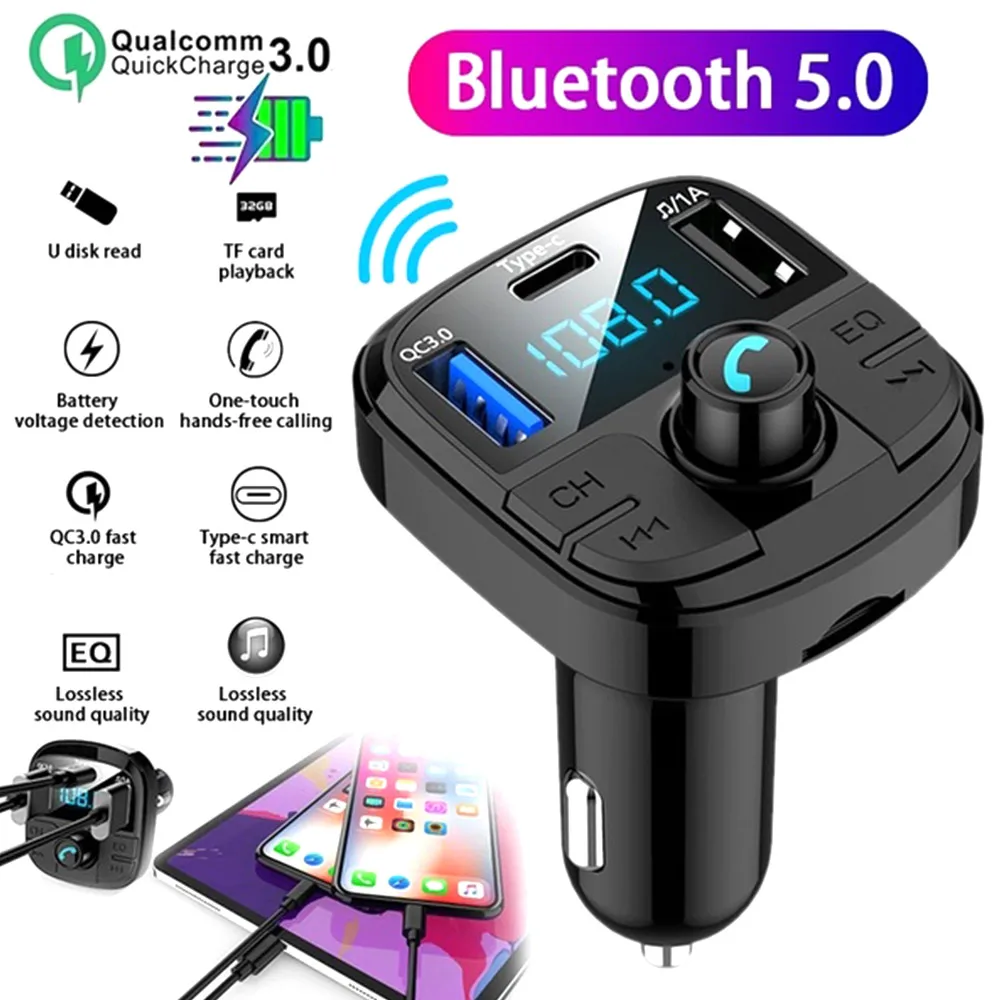 

VEHEMO FM Transmitter Car Bluetooth 5.0 FM Radio Modulator Car Kit Audio MP3 Player With QC3.0 dual USB+Type-c Fast Auto Charger