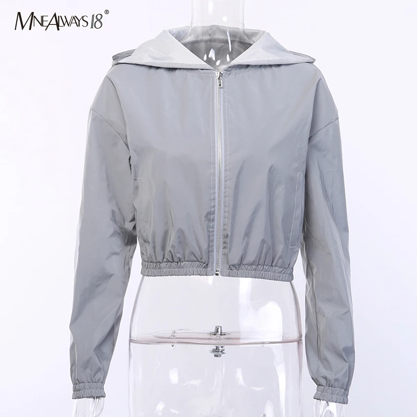 Mnealways18 Gray Reflective Jacket Hip Hop Streetwear Fashion Casual Hooded Coat Zippers Autumn Women Jackets Coats Neon