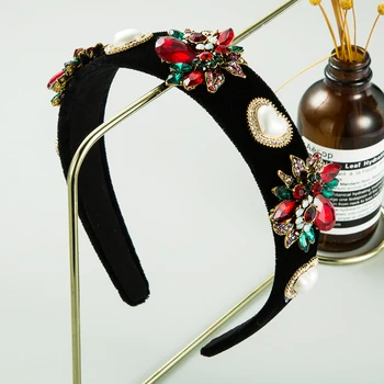 

Baroque Polychrome Crystal Flower Headband Women's Heart-shaped Imitation Pearl Black Velvet Hair Band Party Hair Accessories