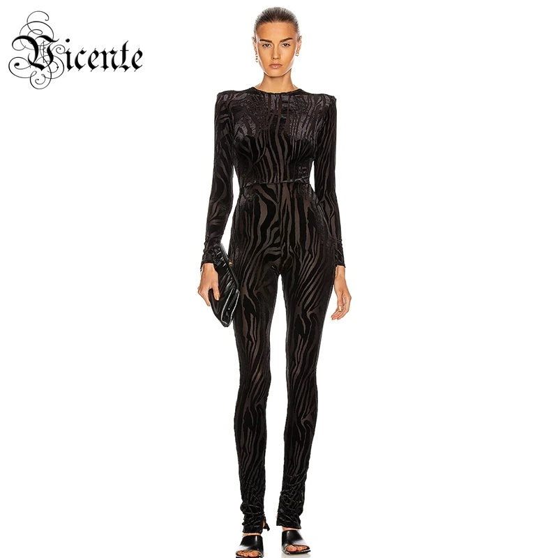 Velvet-Jumpsuit Club Long-Sleeves Zebra Striped New Black Celebrity Party VC Pattern-Design