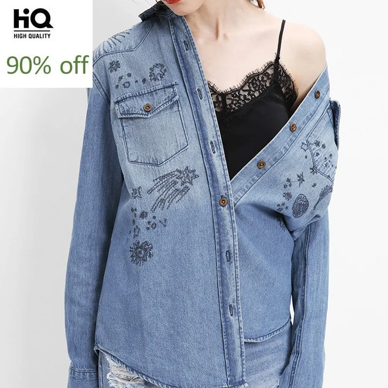 

2020 Spring New Embroidery Long Sleeve Denim Shirts Women Fashion Washed Cotton Jean Shirts Single Breasted Blouse Female Tops