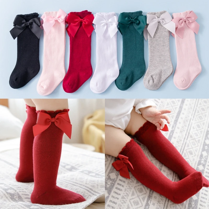 

Newborn Baby Girls Knee High Socks Cute Bowknot Solid Color Toddler Infant Princess Ruffled Cotton Breathable Long Tube Stocking
