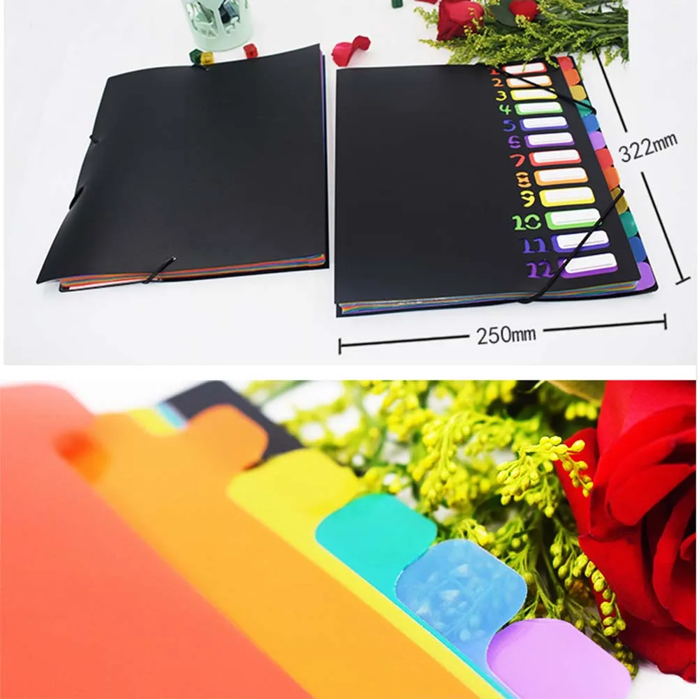 A4 12 Pages File Folders Rainbow Document Holder Organizer with Slash Pockets PP Material New Arrival