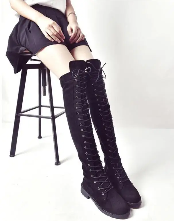Пикантные сапоги; Botas de encaje sobre la rodilla Botas de estilo Roma mujeres pisos zapatos para mujer de ante Botas largas Botas de invier